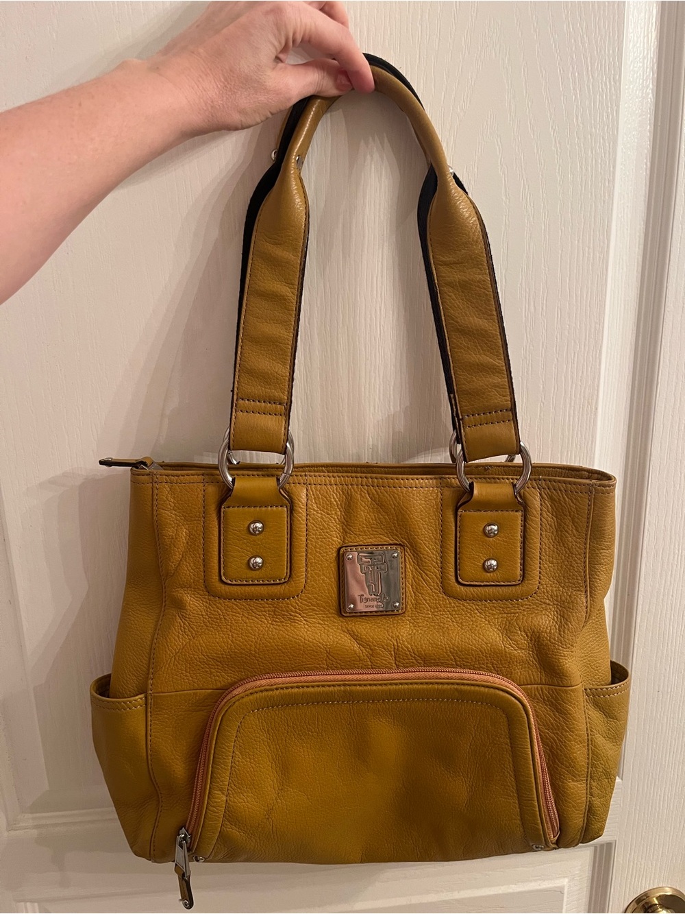 Tignanello Mustard Yellow Leather Tote with Front Zip Pocket